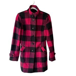 Jacob Red and Black Buffalo Plaid Pea Coat Size XS Wool Blend Cozy Fall Winter